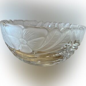 Vintage Frosted Cut Glass Serving Bowl Etched Floral Edge 8.5" Around